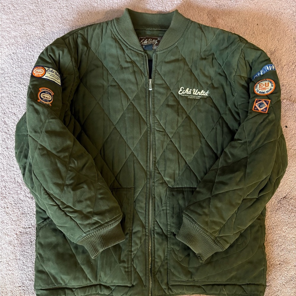 Ecko Unltd Mens Quilted Bomber Jacket Olive Green Patch Sleeve Streetwear Large